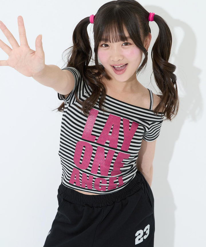 ラメ ロゴ ボーダー オフショル トップス Tシャツ 913-7972