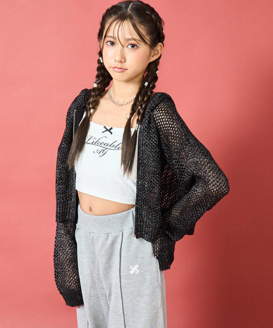 メッシュ クロップド ラメニット パーカー【キッズお揃い】 914-7765