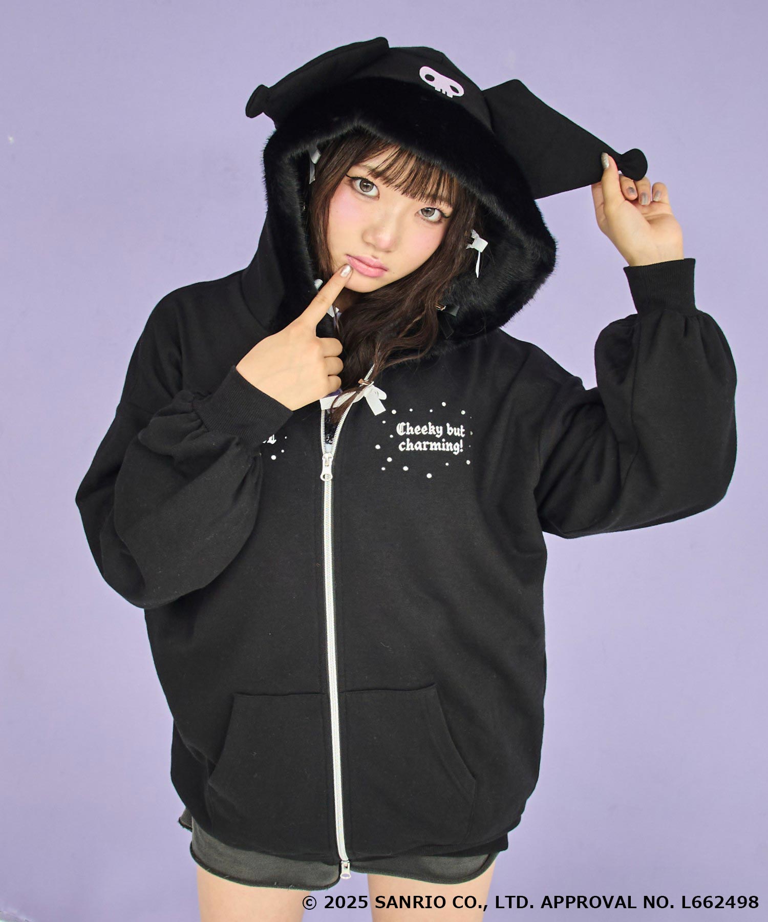 ナオミクラブ フード付きパーカー 黒 ANAP GiRL ×【 クロミ 】ファー耳付きフーディー ビッグ スウェット