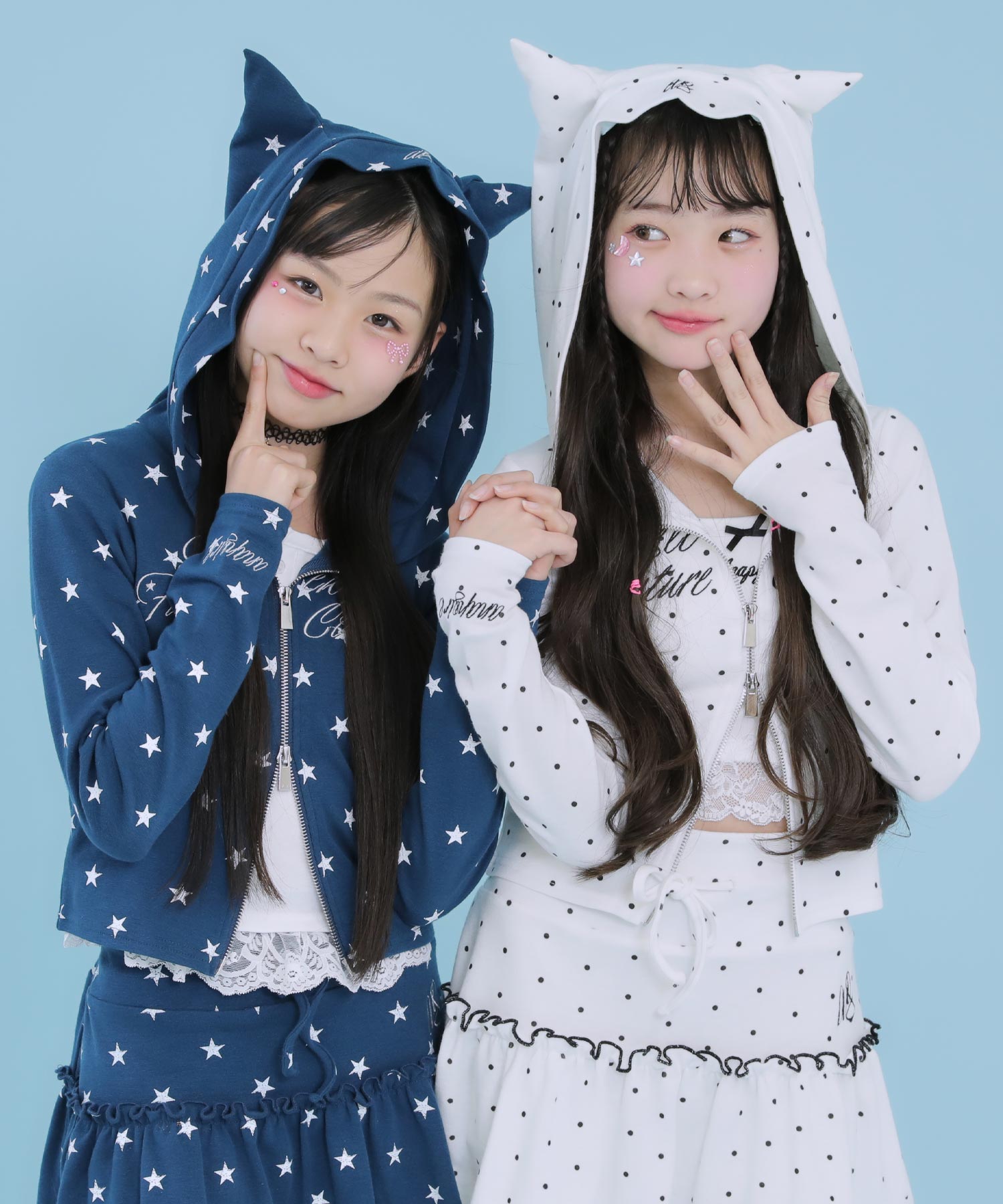アソート柄 ネコミミ 付 ダブル ジップ カット パーカー【セットアップ
