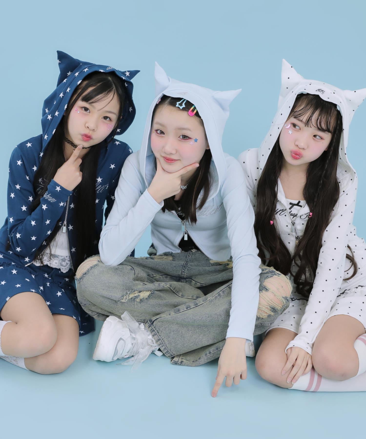 アソート柄 ネコミミ 付 ダブル ジップ カット パーカー【セットアップ