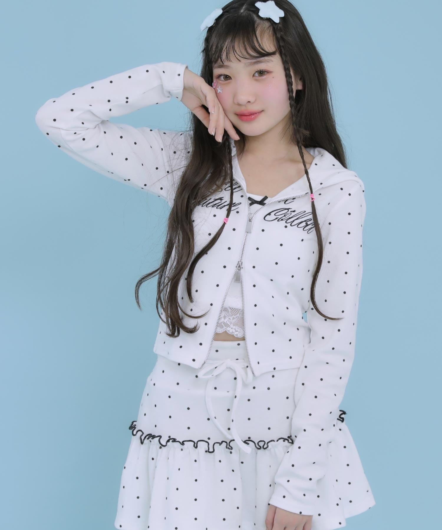 アソート柄 ネコミミ 付 ダブル ジップ カット パーカー【セットアップ