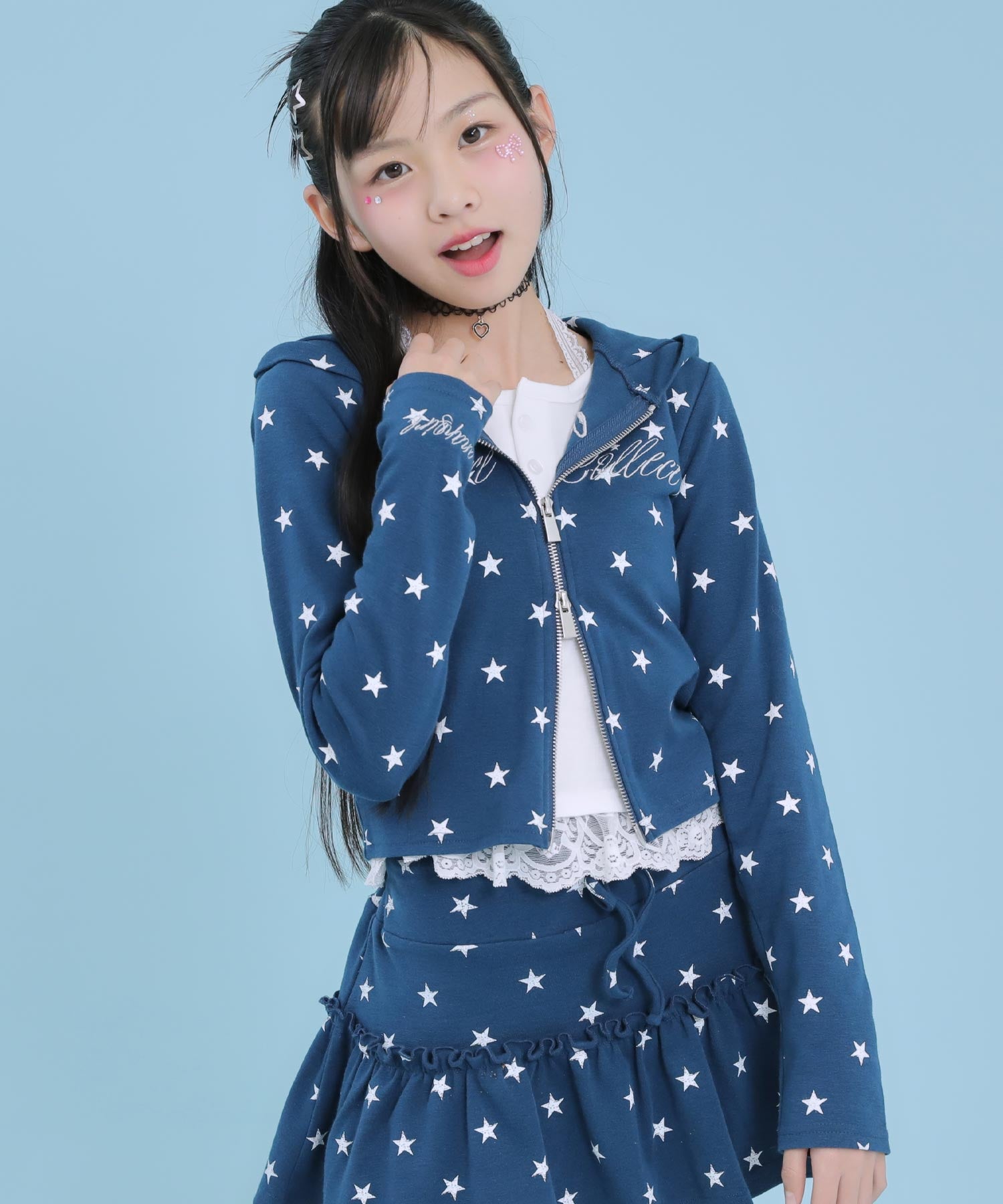 アソート柄 ネコミミ 付 ダブル ジップ カット パーカー【セットアップ