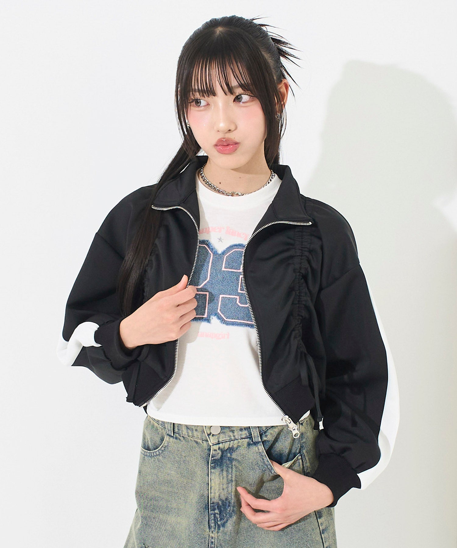 yumi様　ダブルスタンダード　配色ラインショートジャージブルゾン 前シャーリング ダブルジップ ジャージ ブルゾン 915-7875 – ANAP