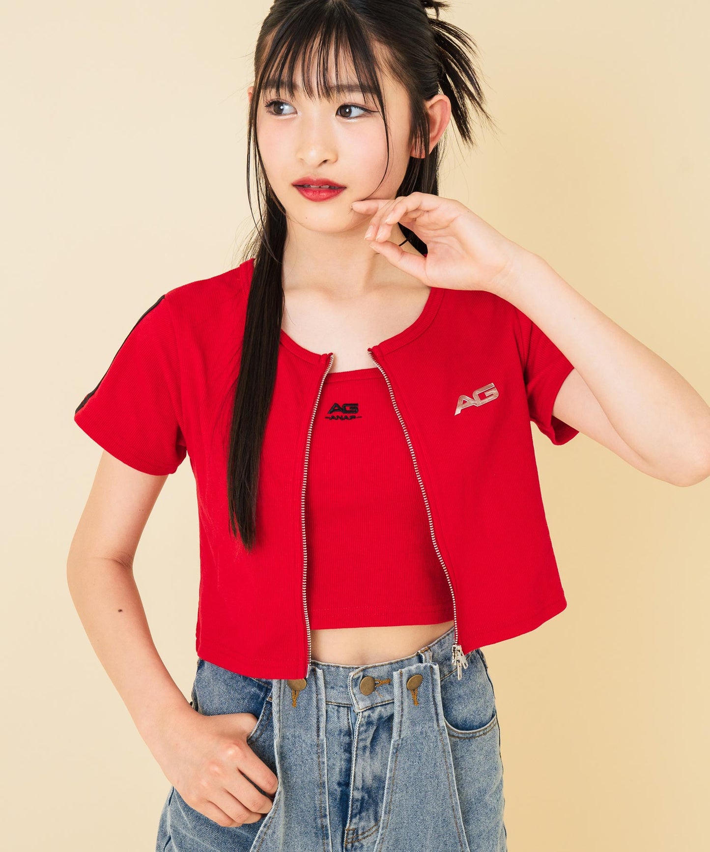 ライン入 ダブルジップ カーデ × キャミソール SET【キッズお揃い】 918-7667