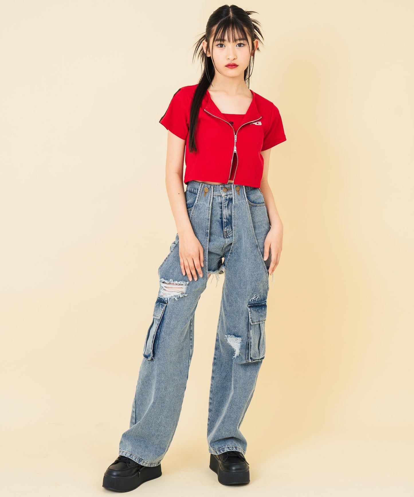 ライン入 ダブルジップ カーデ × キャミソール SET【キッズお揃い】 918-7667