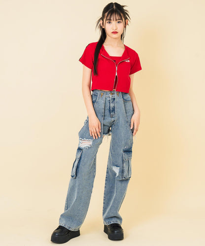 ライン入 ダブルジップ カーデ × キャミソール SET【キッズお揃い】 918-7667