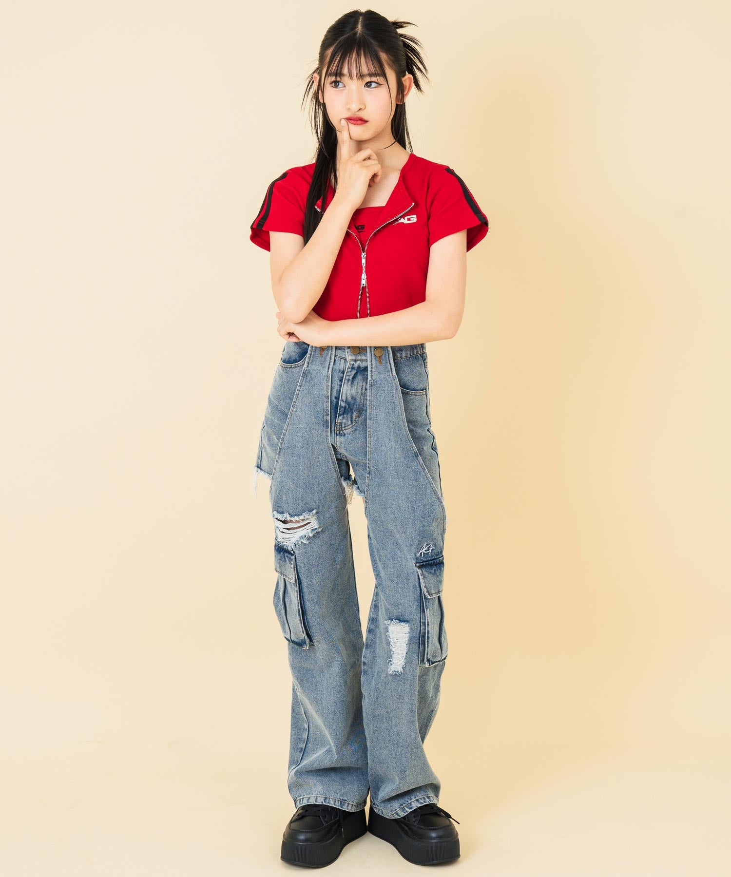 ライン入 ダブルジップ カーデ × キャミソール SET【キッズお揃い