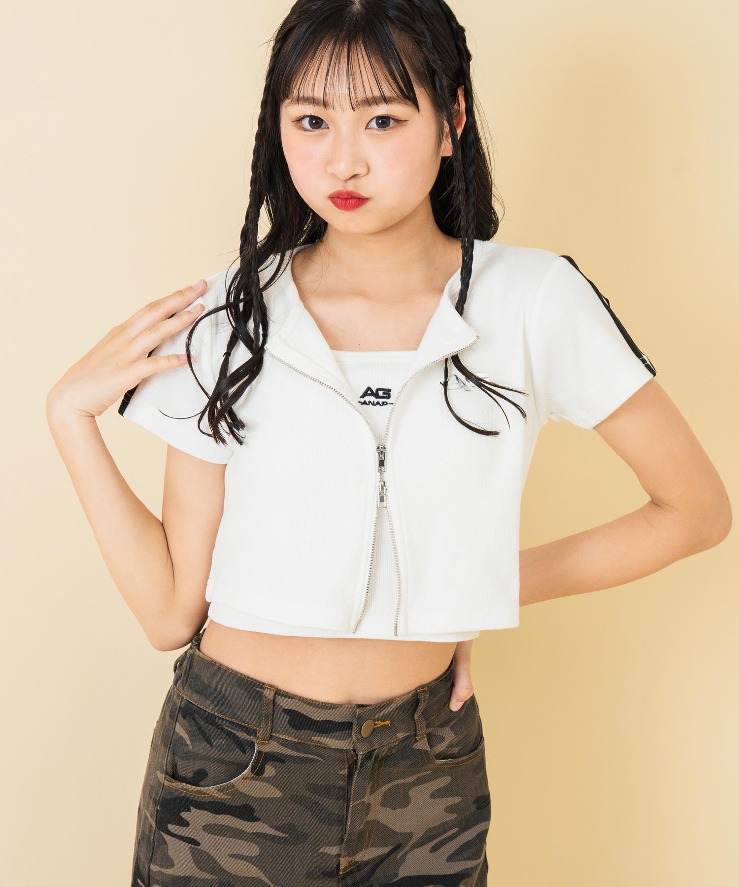 ライン入 ダブルジップ カーデ × キャミソール SET【キッズお揃い