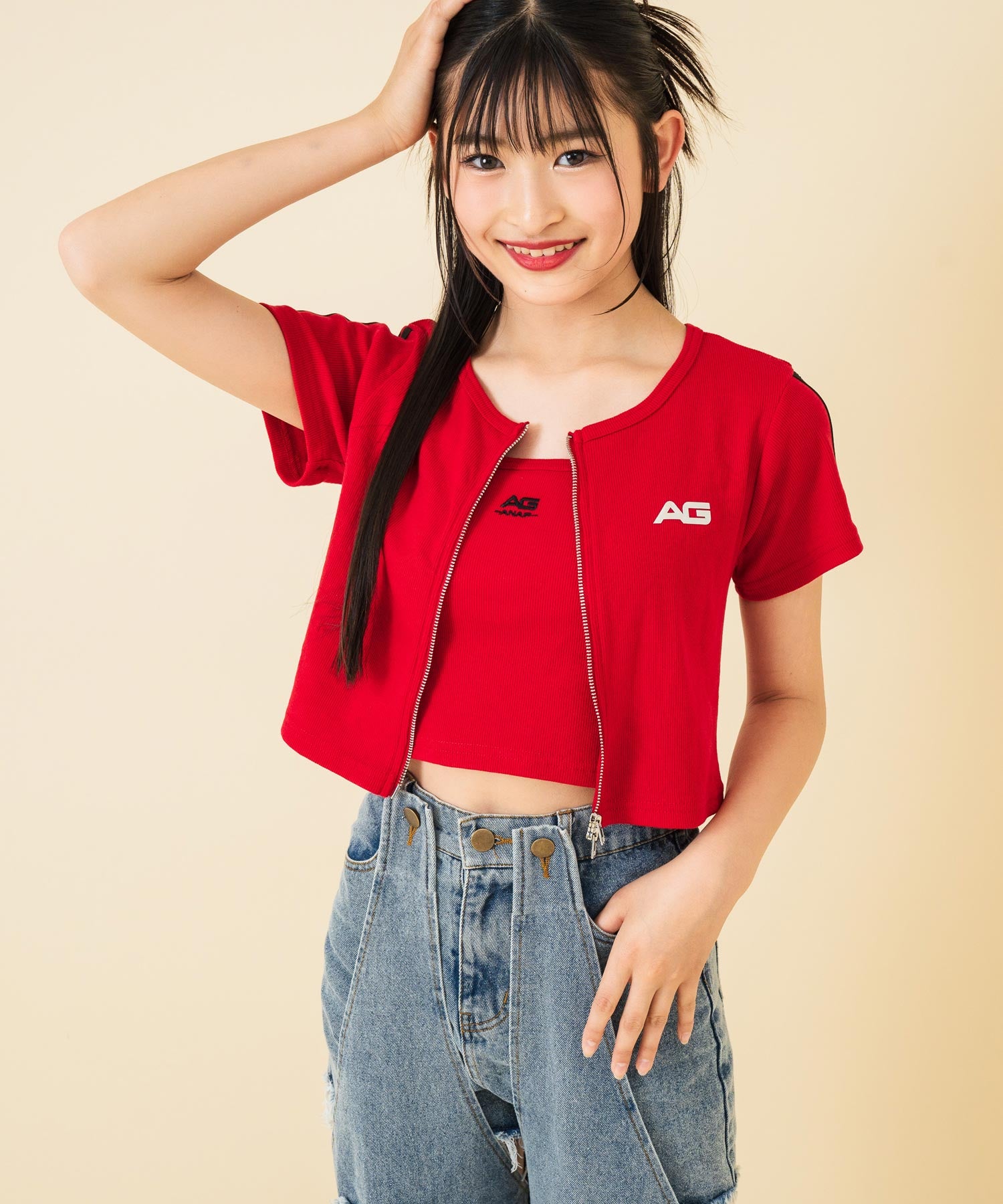 ライン入 ダブルジップ カーデ × キャミソール SET【キッズお揃い