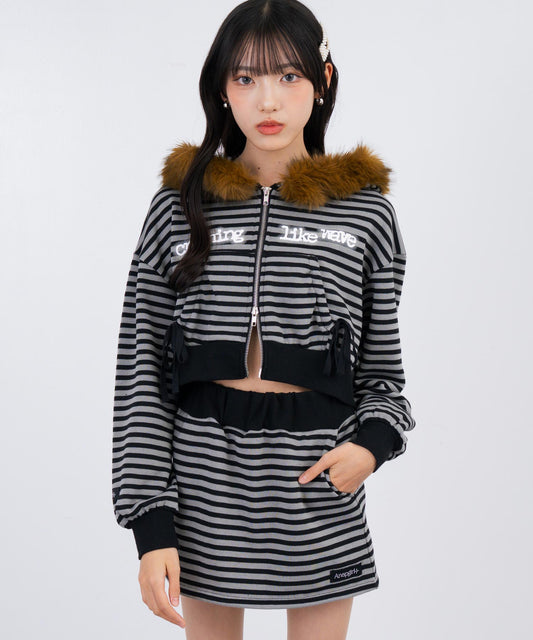 フードファー付 パーカー × スカート スウェット セットアップ  918-7855