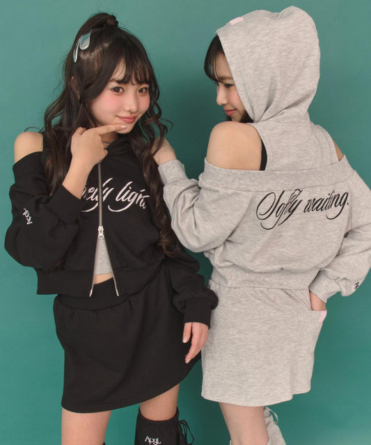 肩アキ ダブル ジップ スウェット パーカー × スカート セットアップ 918-7898