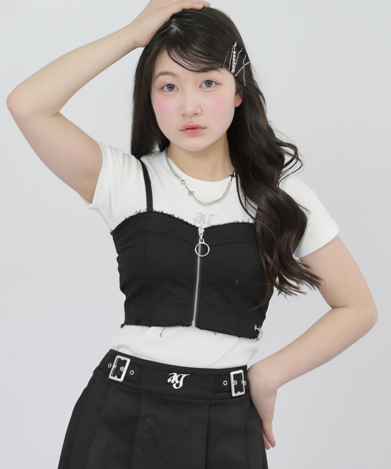 ダメージ リングジップ ビスチェ × Tシャツ トップス SET