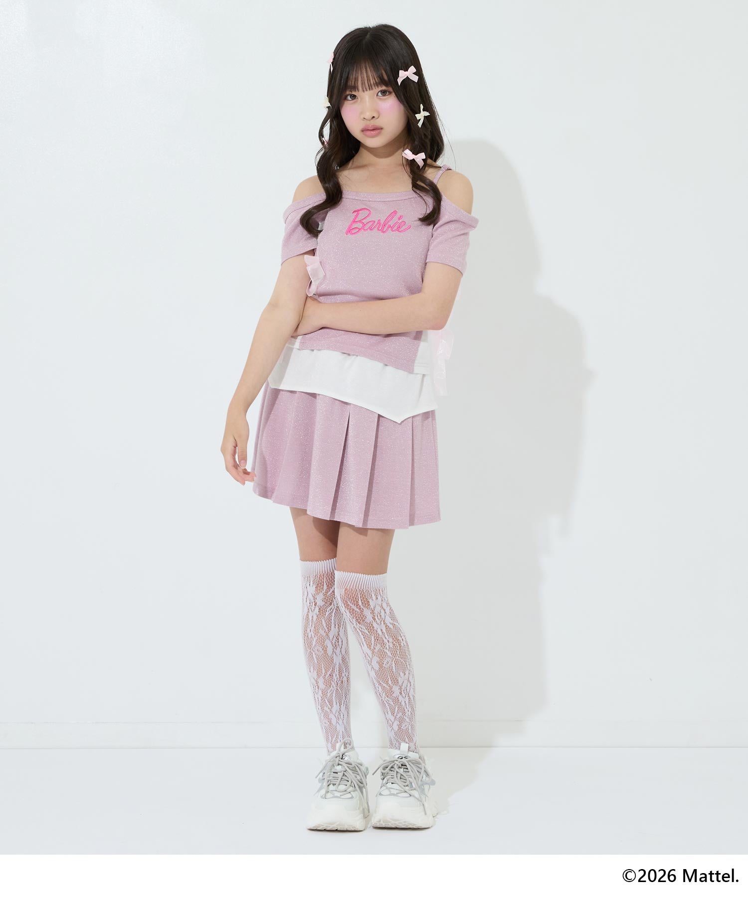 ANAPGiRL ×【Barbie】ラメオフショルトップス × プリーツスカート