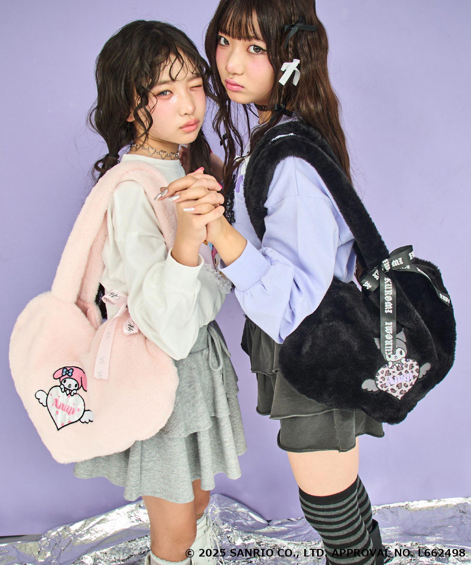 ANAP GiRL ×【マイメロディ♥クロミ】リボン付 ハート ファーバッグ