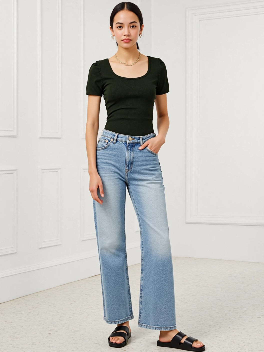 パッド入り 背中キレイ見え リブ Tシャツ 153-5890