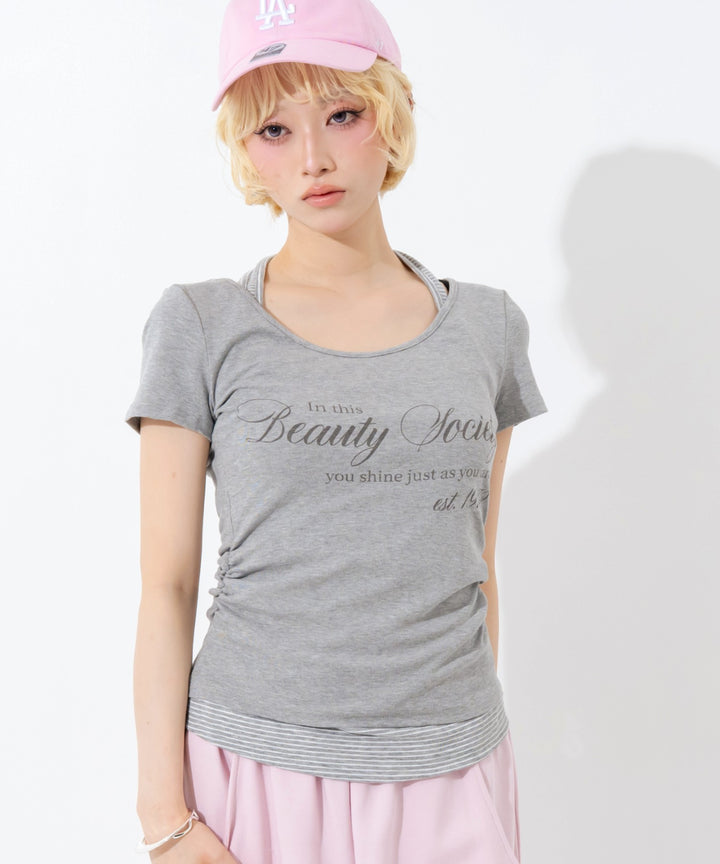 ホルターネック ドッキング プリントトップス Tシャツ  153-6128