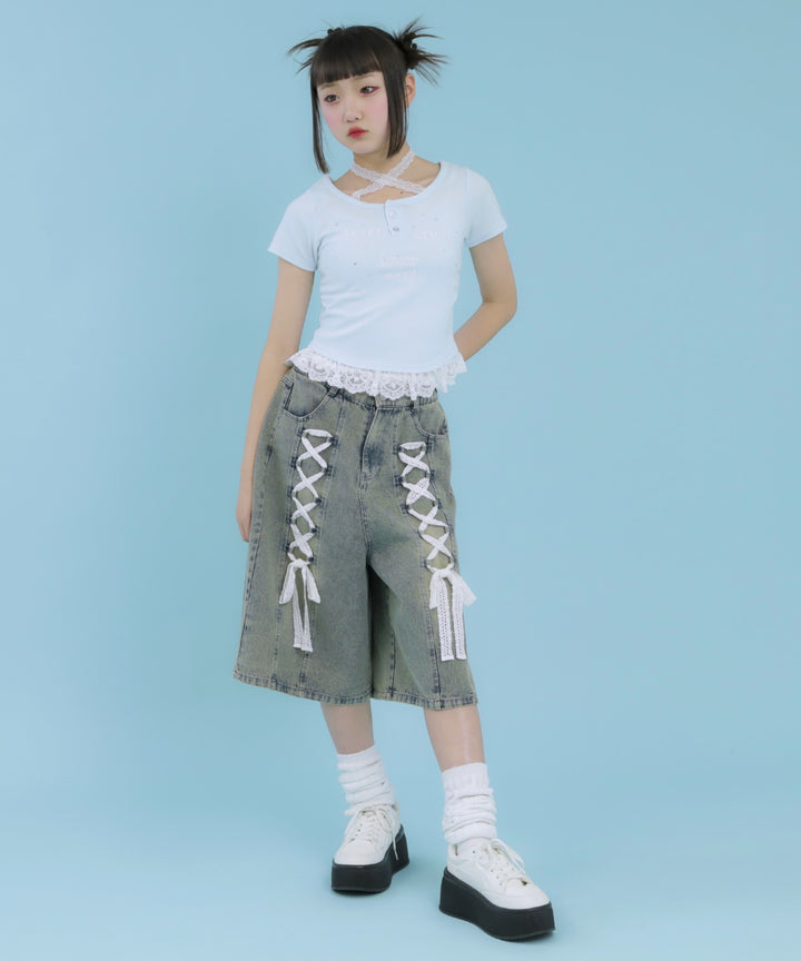スピンドル レース デニム ハーフパンツ 912-7919