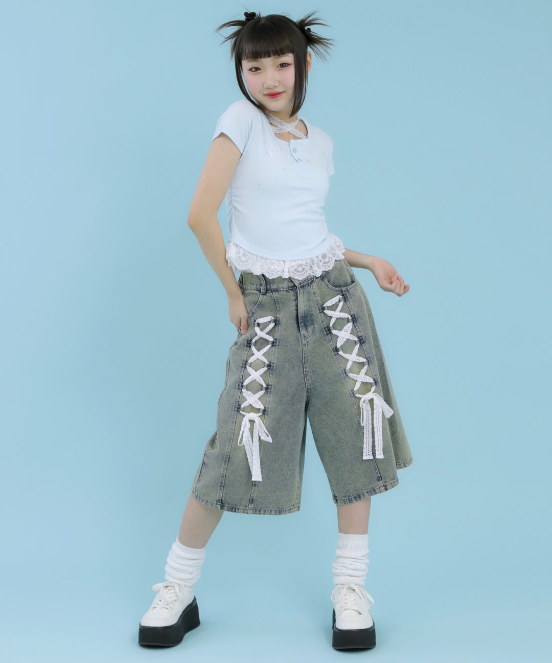 スピンドル レース デニム ハーフパンツ 912-7919