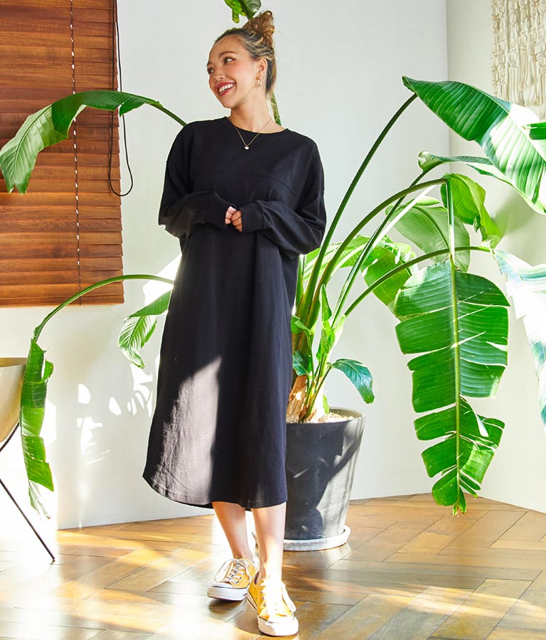 シンプル無地 切替 ラウンド ヘム マキシワンピース 857-5555