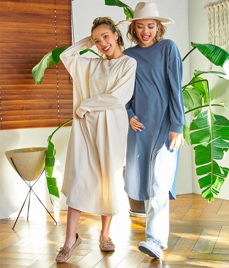 シンプル無地 切替 ラウンド ヘム マキシワンピース 857-5555