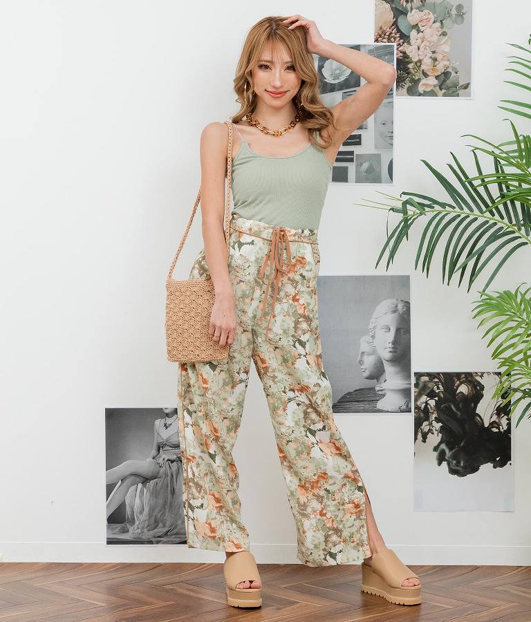 花柄 サイドライン スリット パンツ 492-2523