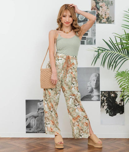 花柄 サイドライン スリット パンツ 492-2523