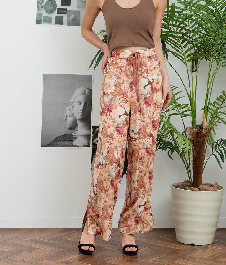 花柄 サイドライン スリット パンツ 492-2523