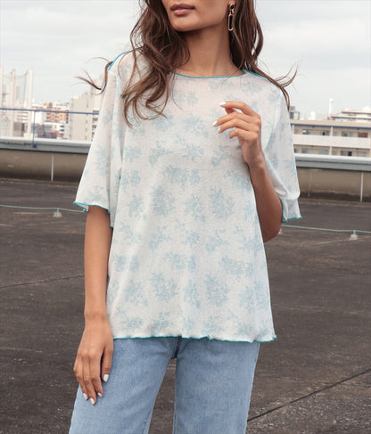 ボタニカル柄プリントトップスTシャツ 523-6397