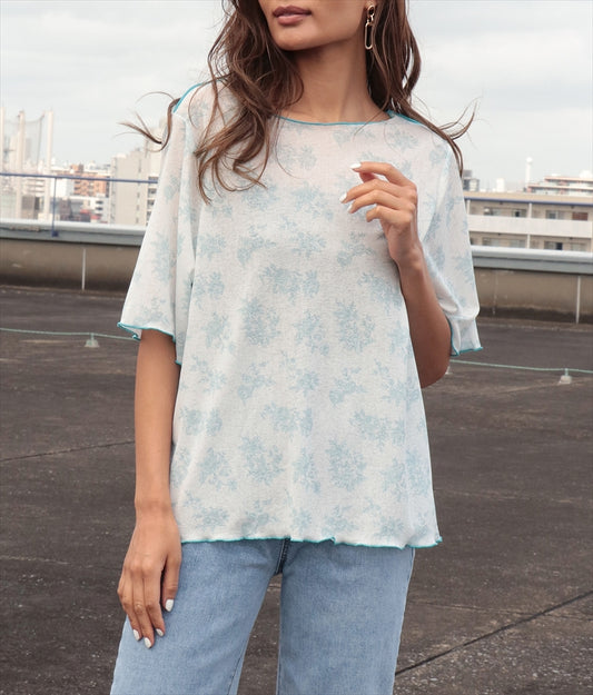 ボタニカル柄プリントトップスTシャツ 523-6397