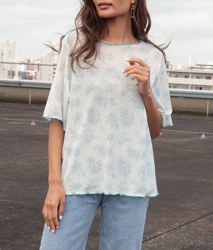 ボタニカル柄プリントトップスTシャツ 523-6397