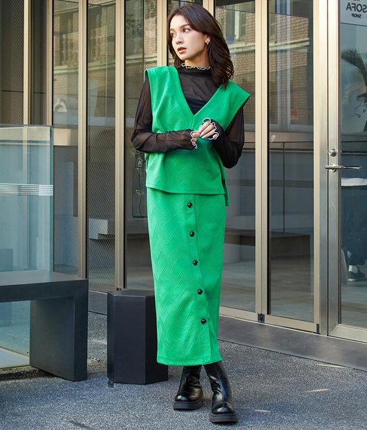 キルトジャガード ボタン スリットスカート【セットアップ着用可】 791-8766
