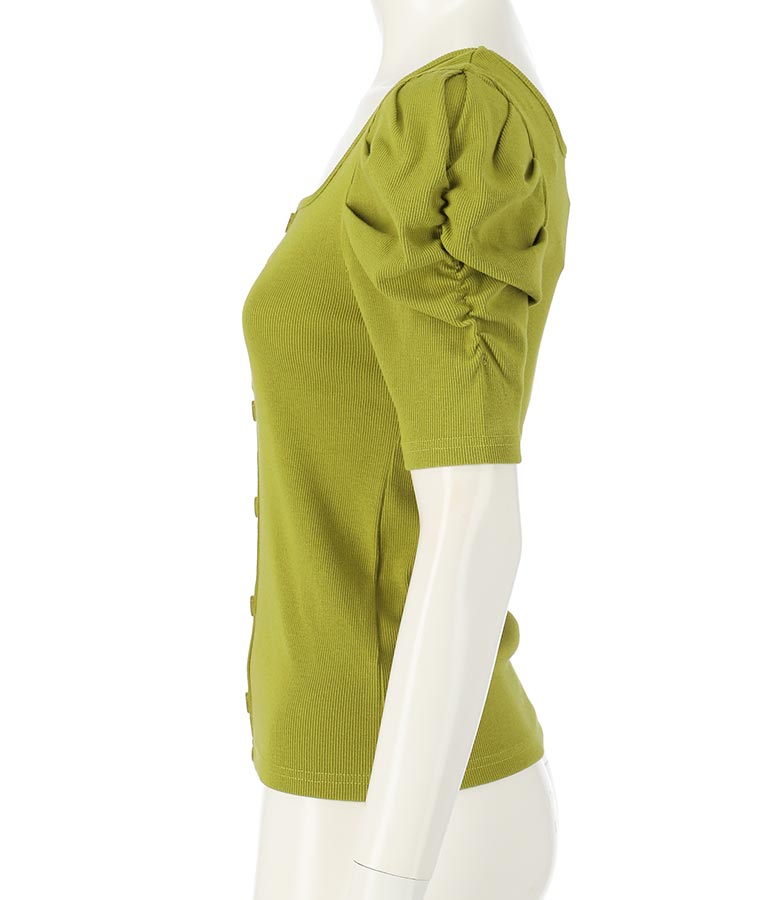 リブフロントボタンパワーショルダートップスカットソー