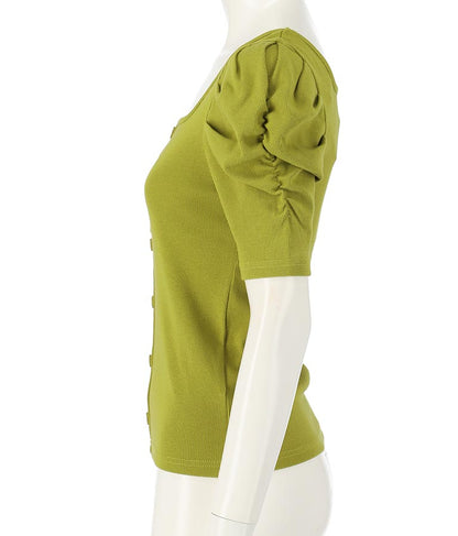 リブフロントボタンパワーショルダートップスカットソー