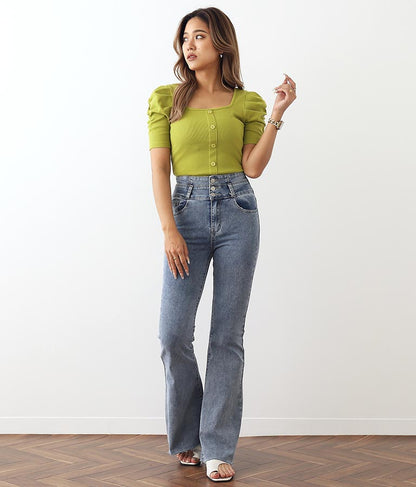 リブフロントボタンパワーショルダートップスカットソー 793-8479