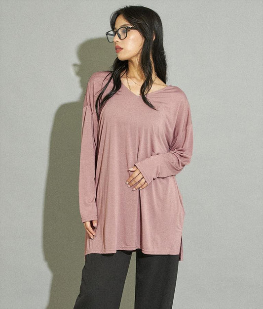 5色展開VネックゆるロングTシャツ 793-8453