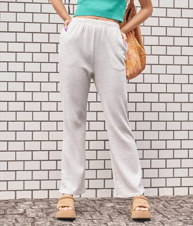 ウエストギャザーワッフルフレアパンツ【セットアップ着用可】