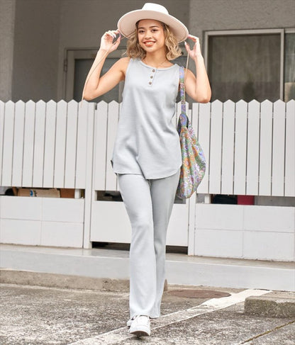 ウエスト ギャザー ワッフル フレア パンツ【セットアップ着用可】 852-5573