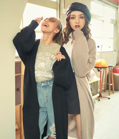 5色展開ロングガウンボリュームスリーブニットカーディガン