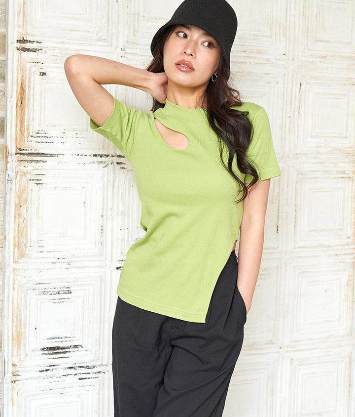テレコリブカットアウトアシンメトリーヘムトップスTシャツ 793-8903