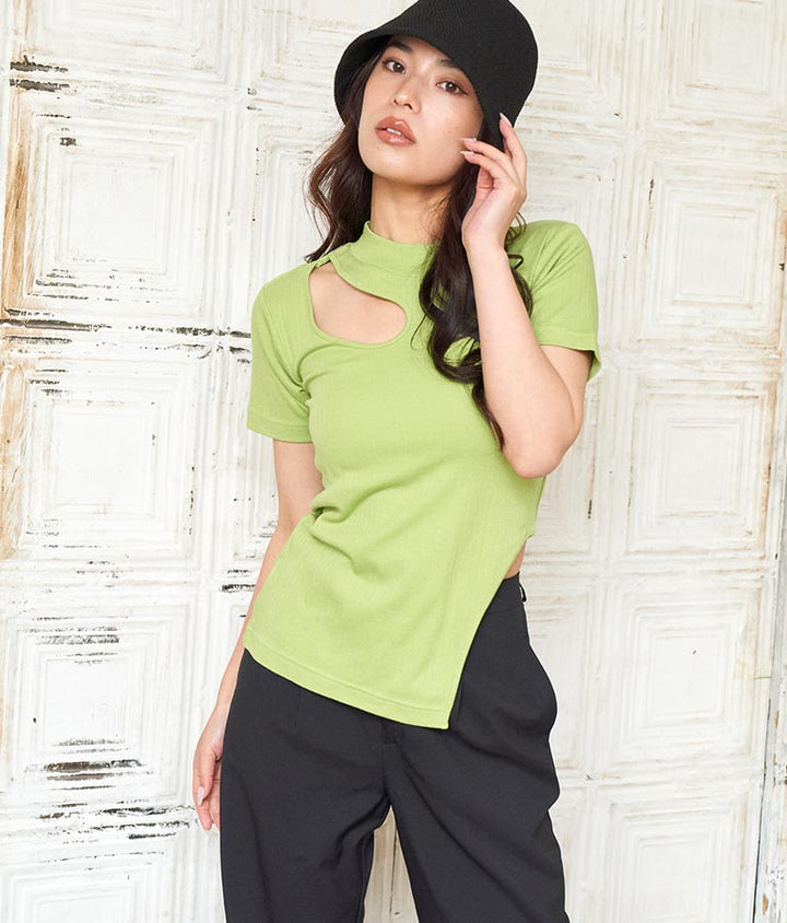 テレコリブカットアウトアシンメトリーヘムトップスTシャツ 793-8903