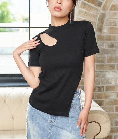 テレコリブカットアウトアシンメトリーヘムトップスTシャツ 793-8903
