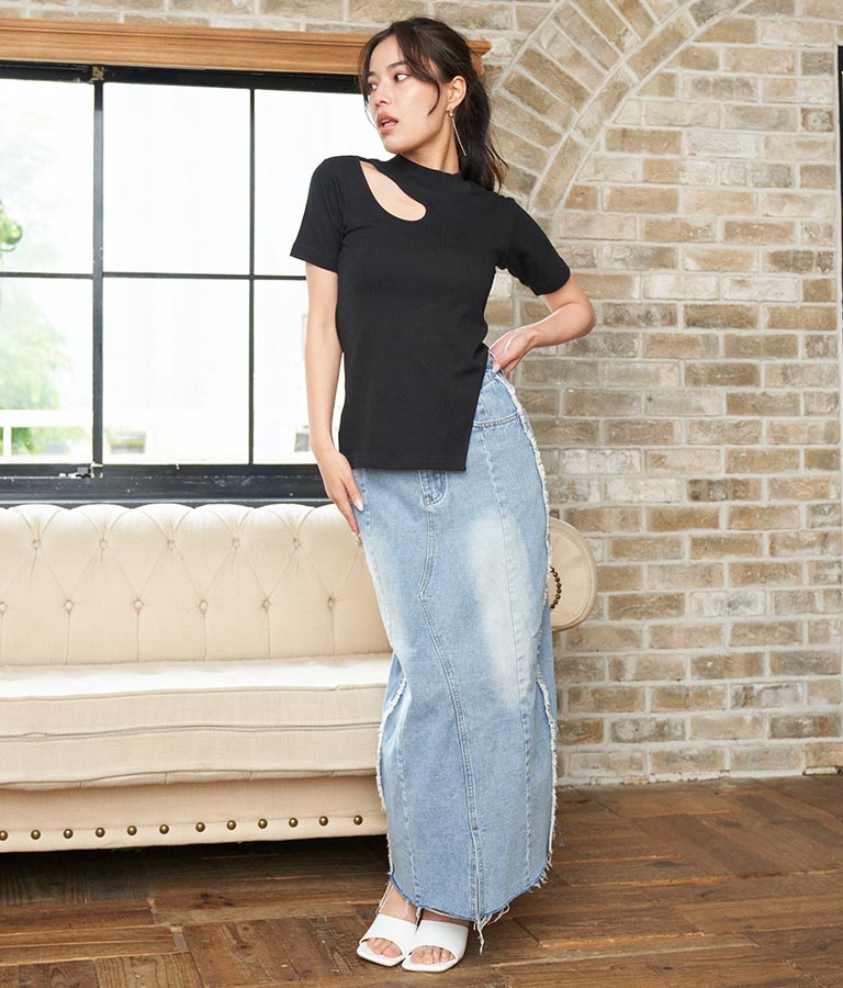 テレコリブカットアウトアシンメトリーヘムトップスTシャツ 793-8903