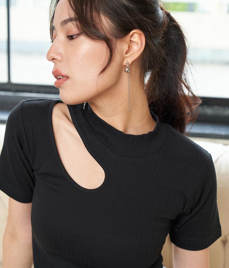 テレコリブカットアウトアシンメトリーヘムトップスTシャツ 793-8903