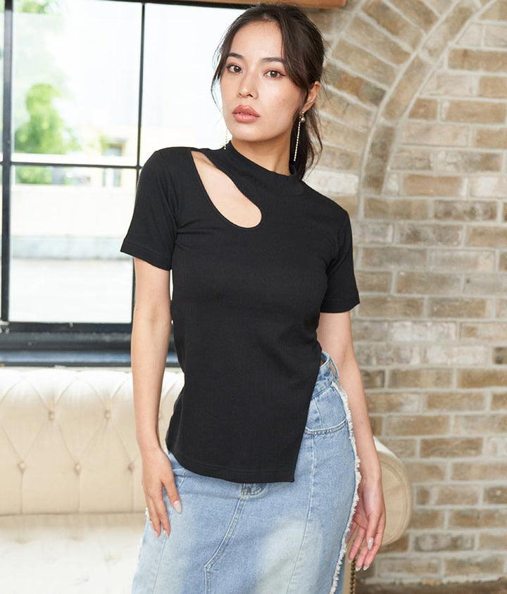 テレコリブカットアウトアシンメトリーヘムトップスTシャツ 793-8903