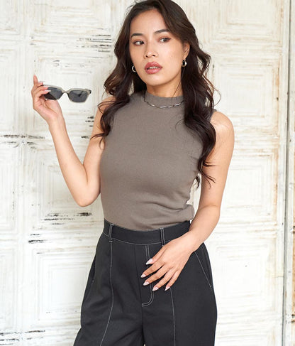 シンプル プチハイネック ノースリーブ トップス タンクトップ  793-8902