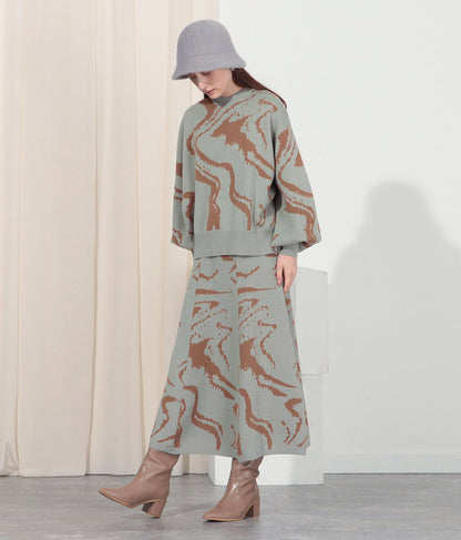 マーブルジャガードアシンメトリースリーブトップスセーター