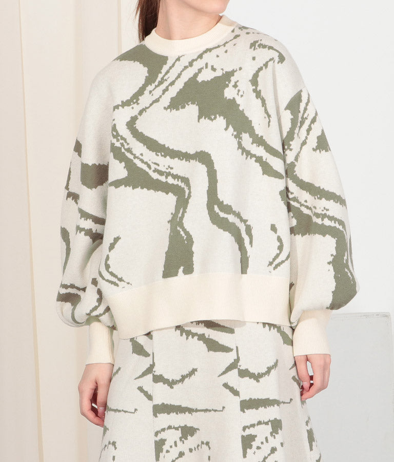 マーブルジャガード アシンメトリー スリーブ トップス セーター 363-8921