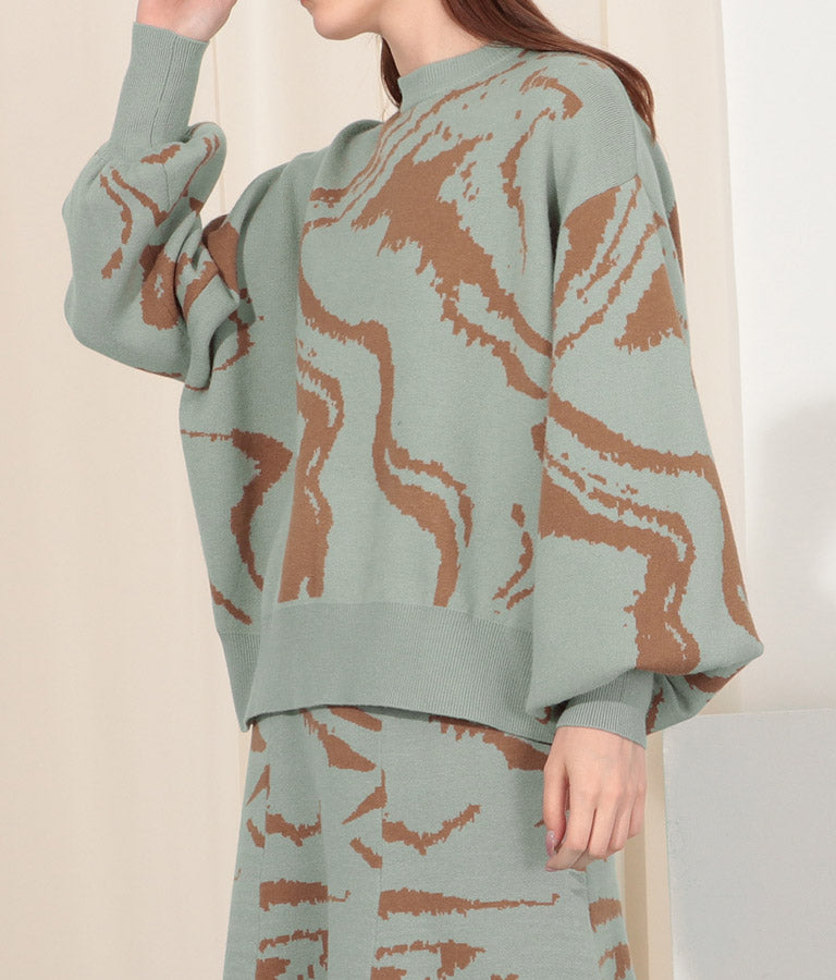 マーブルジャガード アシンメトリー スリーブ トップス セーター 363-8921