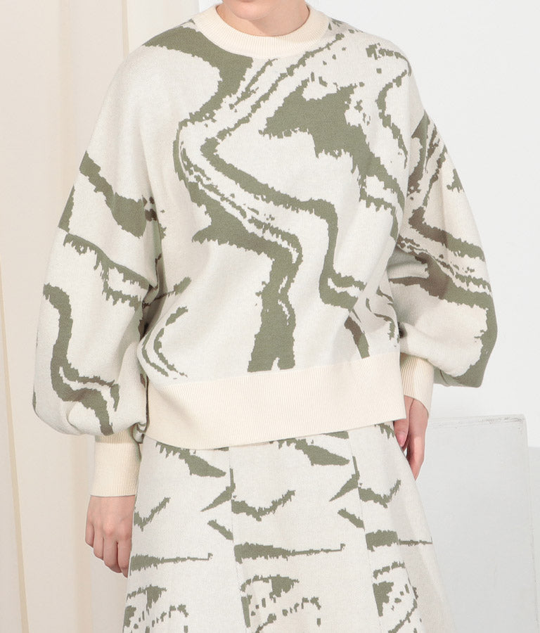 マーブルジャガード アシンメトリー スリーブ トップス セーター 363-8921